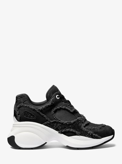 Zuma Embellished Frayed Mixed-Media Trainer in BLACK | Michael Kors