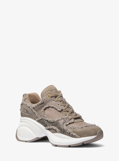 Zuma Embellished Frayed Mixed-Media Trainer in BIRCH | Michael Kors