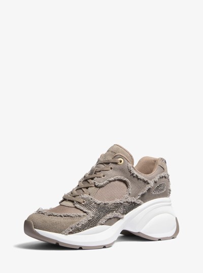 Zuma Embellished Frayed Mixed-Media Trainer in BIRCH | Michael Kors