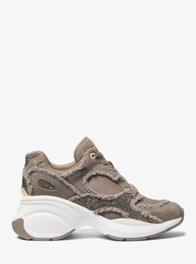 Zuma Embellished Frayed Mixed-Media Trainer in BIRCH | Michael Kors
