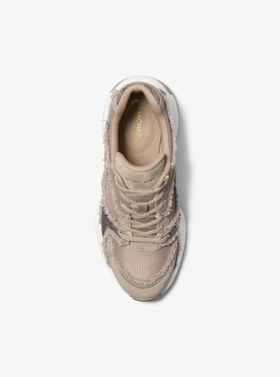 Zuma Embellished Frayed Mixed-Media Trainer in BIRCH | Michael Kors