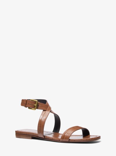 Bridgette Crocodile Embossed Leather Sandal in SADDLE | Michael Kors