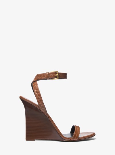 Claudia Crocodile Embossed Leather Wedge Sandal in SADDLE | Michael Kors
