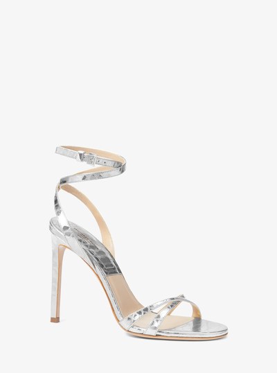 Chrissy Metallic Python Embossed Leather Sandal in SILVER | Michael Kors
