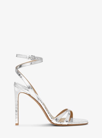 Chrissy Metallic Python Embossed Leather Sandal in SILVER | Michael Kors