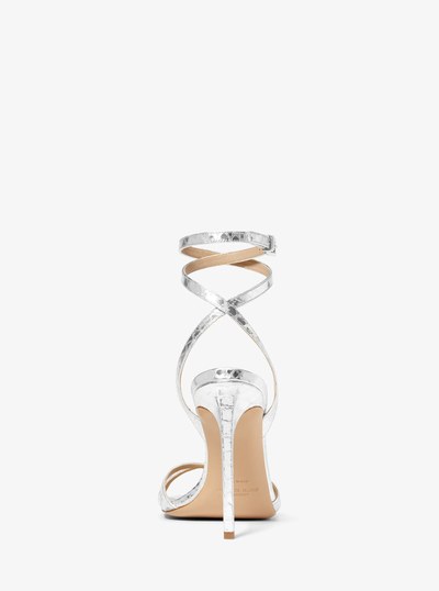 Chrissy Metallic Python Embossed Leather Sandal in SILVER | Michael Kors