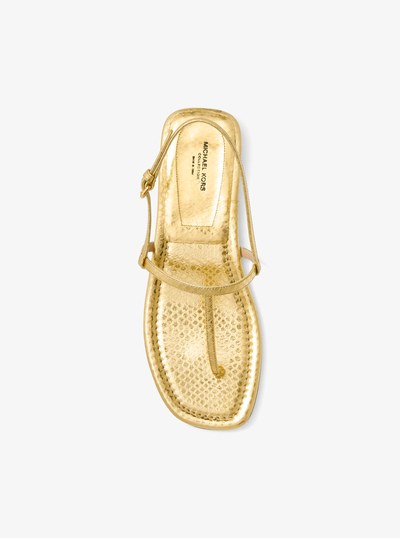 Ali Metallic Python Embossed Leather Sandal in GOLD | Michael Kors