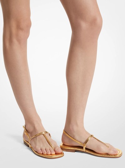 Ali Metallic Python Embossed Leather Sandal in GOLD | Michael Kors