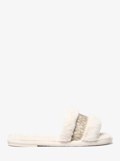 Alexis Faux Fur and Metallic Signature Logo Slide Sandal in NATURAL | Michael Kors