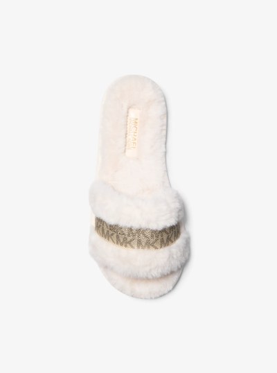 Alexis Faux Fur and Metallic Signature Logo Slide Sandal in NATURAL | Michael Kors