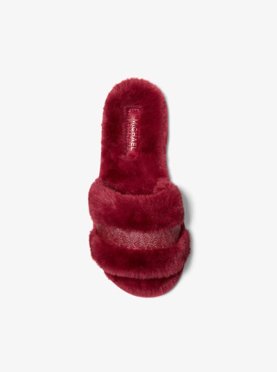 Alexis Faux Fur and Metallic Signature Logo Slide Sandal in CHERRY | Michael Kors