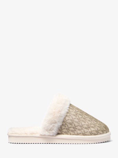 Liddy Metallic Signature Logo and Faux Fur Slipper in PALE GOLD | Michael Kors