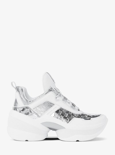 Olympia Mixed-Media Trainer in SILVER | Michael Kors