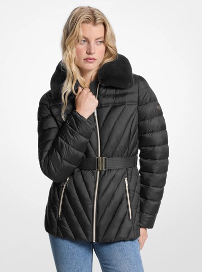 Faux Fur Trim Packable Nylon Puffer Jacket in BLACK | Michael Kors