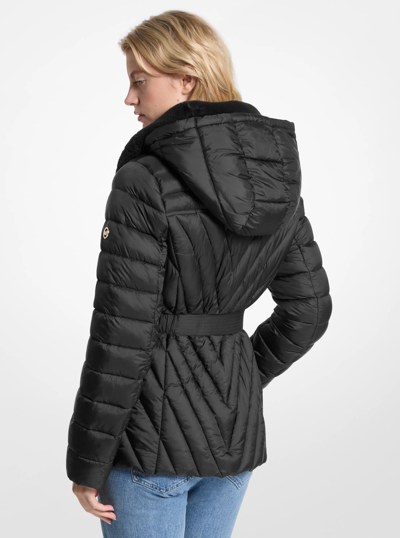 Faux Fur Trim Packable Nylon Puffer Jacket in BLACK | Michael Kors