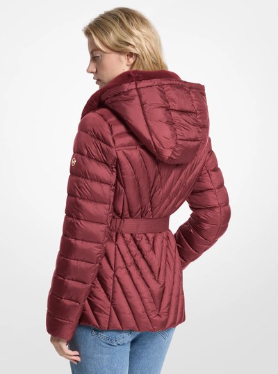 Faux Fur Trim Packable Nylon Puffer Jacket in OXBLOOD | Michael Kors