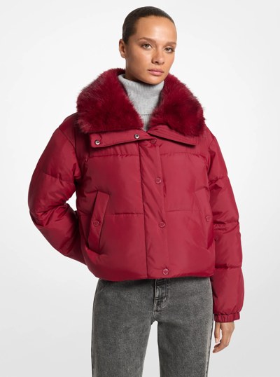 Logo Print and Sherpa Puffer Jacket in MAROON | Michael Kors