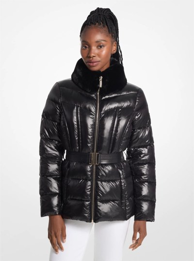 Packable Quilted Nylon and Faux Fur Trim Puffer Jacket in BLACK | Michael Kors