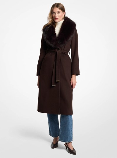 Faux Fur Trim Wool Blend Coat in CHOCOLATE | Michael Kors