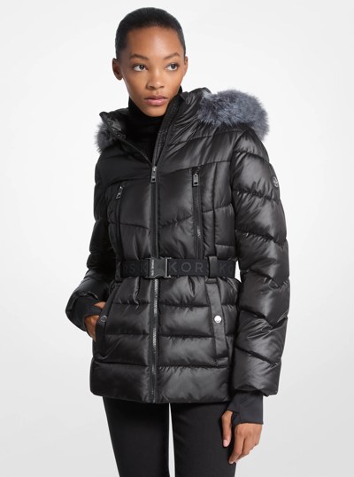 Faux Fur Trim Belted Puffer Jacket in BLACK | Michael Kors