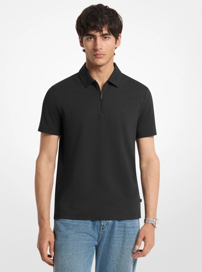 Cotton Blend Piqu&eacute; Zip-Up Polo Shirt in BLACK | Michael Kors