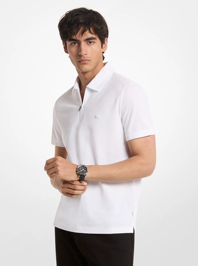 Cotton Blend Piqu&eacute; Zip-Up Polo Shirt in WHITE | Michael Kors
