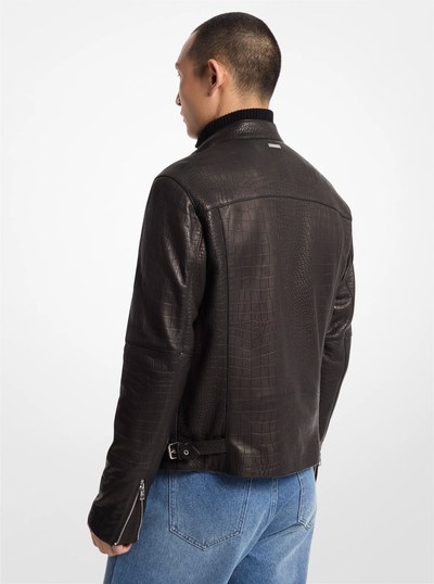 Crocodile Embossed Leather Biker Jacket in BLACK | Michael Kors