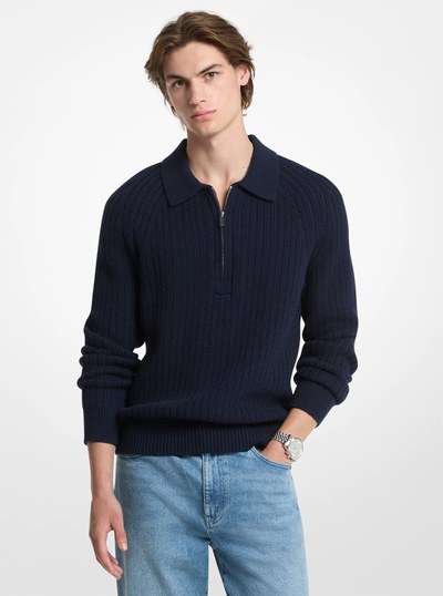 Textured Wool Blend Quarter-Zip Sweater in MIDNIGHT | Michael Kors