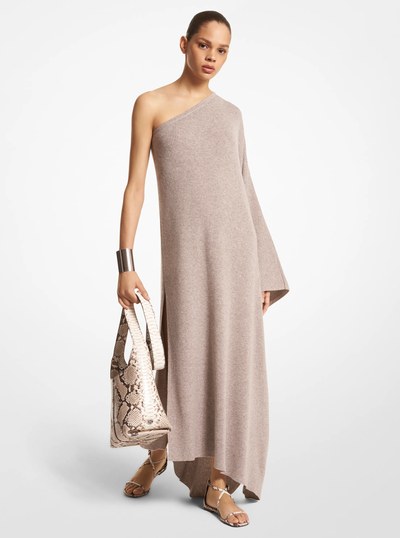 Cashmere One-Shoulder Caftan in TAUPE MELANGE | Michael Kors