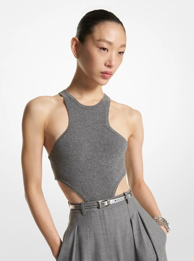 Stretch Cashmere Cutout Bodysuit in BANKER GREY | Michael Kors