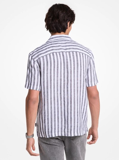 Linen and Cotton Blend Striped Shirt in BLACK | Michael Kors