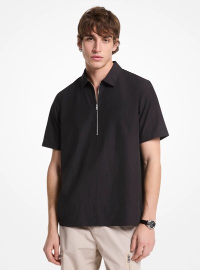 Crinkled Cotton Blend Half-Zip Shirt in BLACK | Michael Kors
