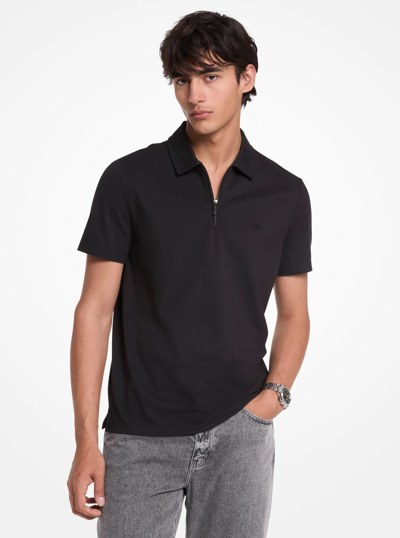 Cotton Blend Piqu&eacute; Zip-Up Polo Shirt in BLACK | Michael Kors