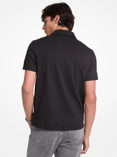 Cotton Blend Piqu&eacute; Zip-Up Polo Shirt in BLACK | Michael Kors
