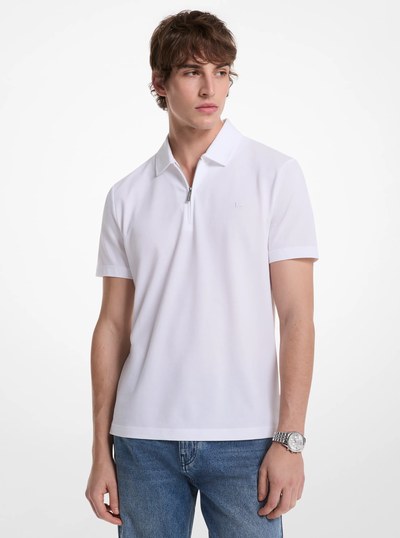 Cotton Blend Piqu&eacute; Zip-Up Polo Shirt in WHITE | Michael Kors