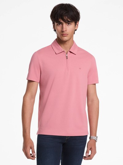 Cotton Blend Piqu&eacute; Zip-Up Polo Shirt in DUSTY ROSE | Michael Kors