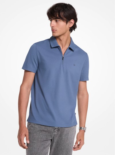 Cotton Blend Piqu&eacute; Zip-Up Polo Shirt in DK CHAMBRAY | Michael Kors