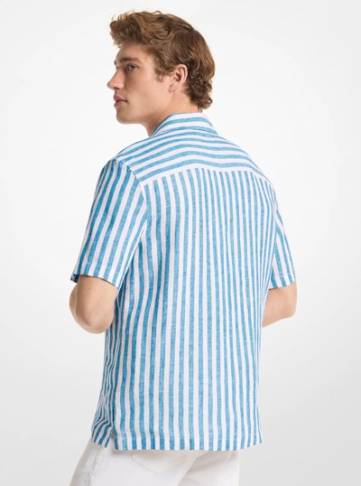 Striped Linen Camp Shirt in TURQUOISE | Michael Kors