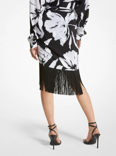 Brushstroke Floral Silk Crepe De Chine Fringed Sarong Skirt in WHITE/BLACK | Michael Kors