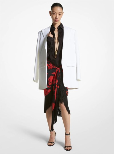 Brushstroke Floral Silk Crepe De Chine Fringed Sarong Skirt in POPPY/BLACK | Michael Kors
