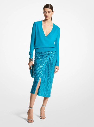 Hand-Embroidered Sequin Stretch Jersey Pareo Skirt in TURQUOISE | Michael Kors