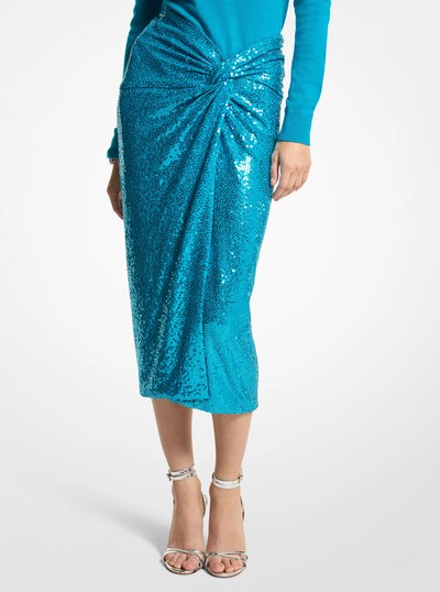 Hand-Embroidered Sequin Stretch Jersey Pareo Skirt in TURQUOISE | Michael Kors