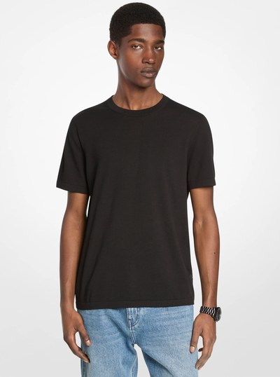 Cotton Short-Sleeve Sweater in BLACK | Michael Kors