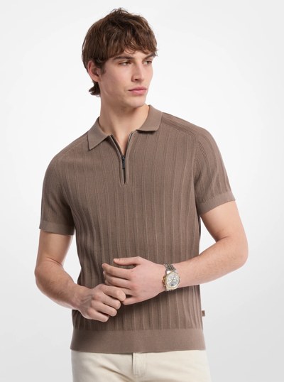 Cotton Knit Zip Polo Shirt in CHESTNUT | Michael Kors