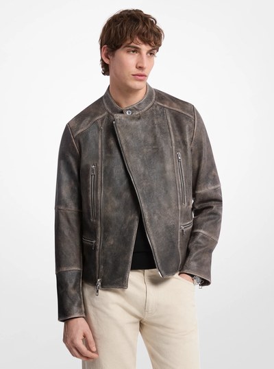 Washed Leather Moto Jacket in BLACK | Michael Kors