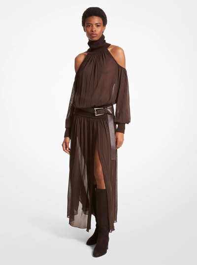 Chiffon Jersey and Cashmere Turtleneck Cold Shoulder Dress in CHOCOLATE | Michael Kors