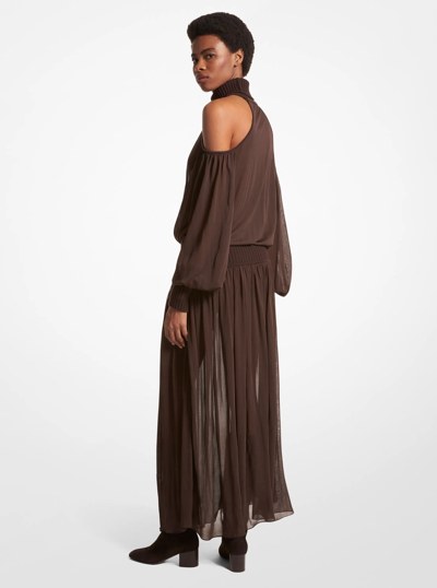 Chiffon Jersey and Cashmere Turtleneck Cold Shoulder Dress in CHOCOLATE | Michael Kors