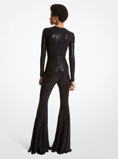 Hand-Embroidered Sequin Stretch Jersey Flared Jumpsuit in BLACK | Michael Kors
