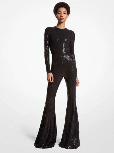 Hand-Embroidered Sequin Stretch Jersey Flared Jumpsuit in BLACK | Michael Kors