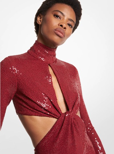Hand-Embroidered Sequin Stretch Jersey Keyhole Dress in MERLOT | Michael Kors